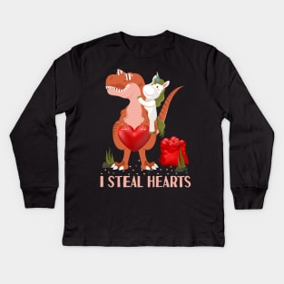 Valentines Day Dinosaur I Steal Hearts Unicorn Riding T rex Kids Long Sleeve T-Shirt